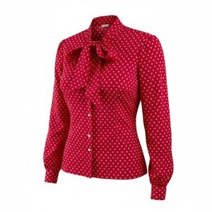 Vintage 80’s Russ Secretary Blouse Red Diamond Print Button Up Bow Scarf Sz 14